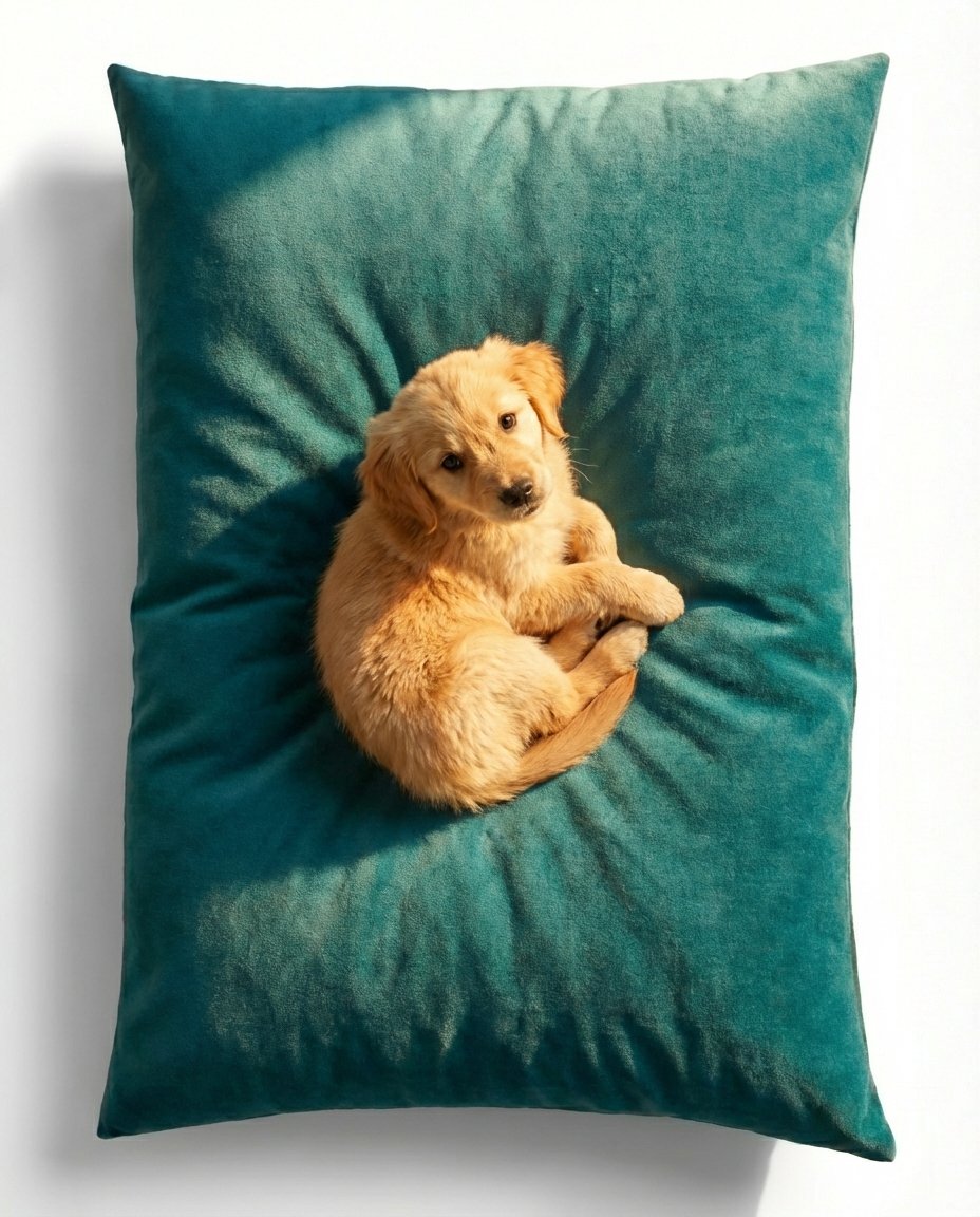 puppy resting on waterproof dog bed with easy clean cushion