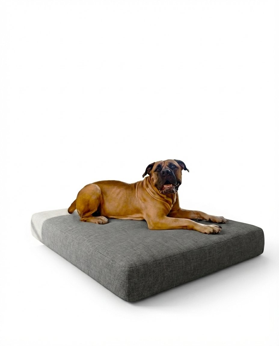 large dog sitting on memory foam dog bed with removable cover