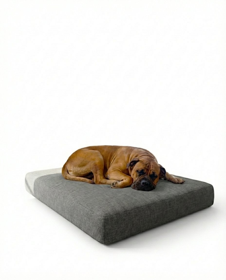 senior dog sitting on memory foam dog bed with removable cover