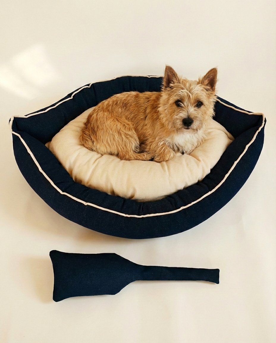 small dog curled up in medium canoe dog bed
