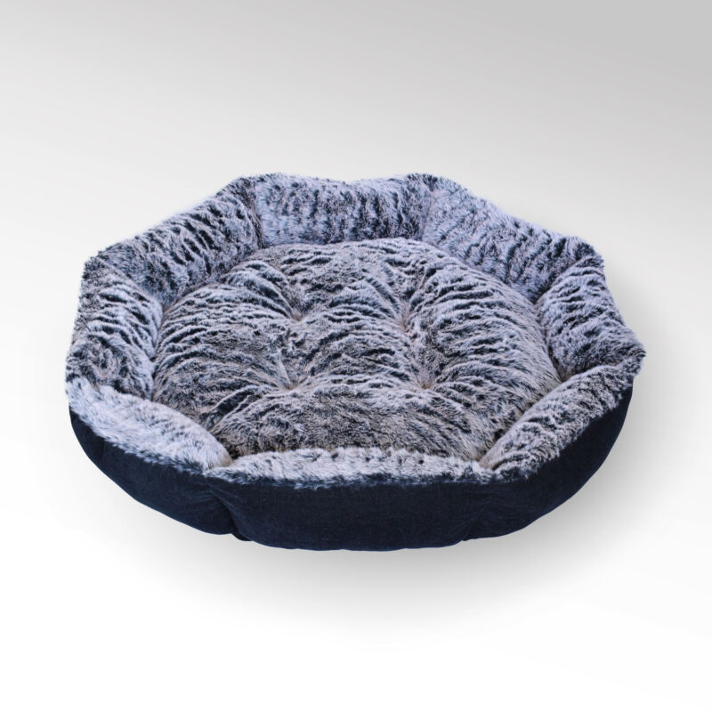 Reversible Paw Print Pet Bed in Blue & White Synthetic Fur for Dogs & Cats 