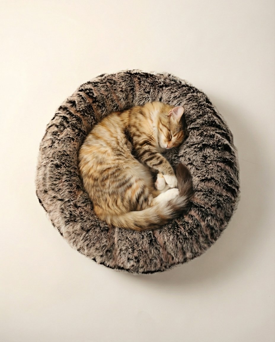 cat nestled in cozy round fur dog bed