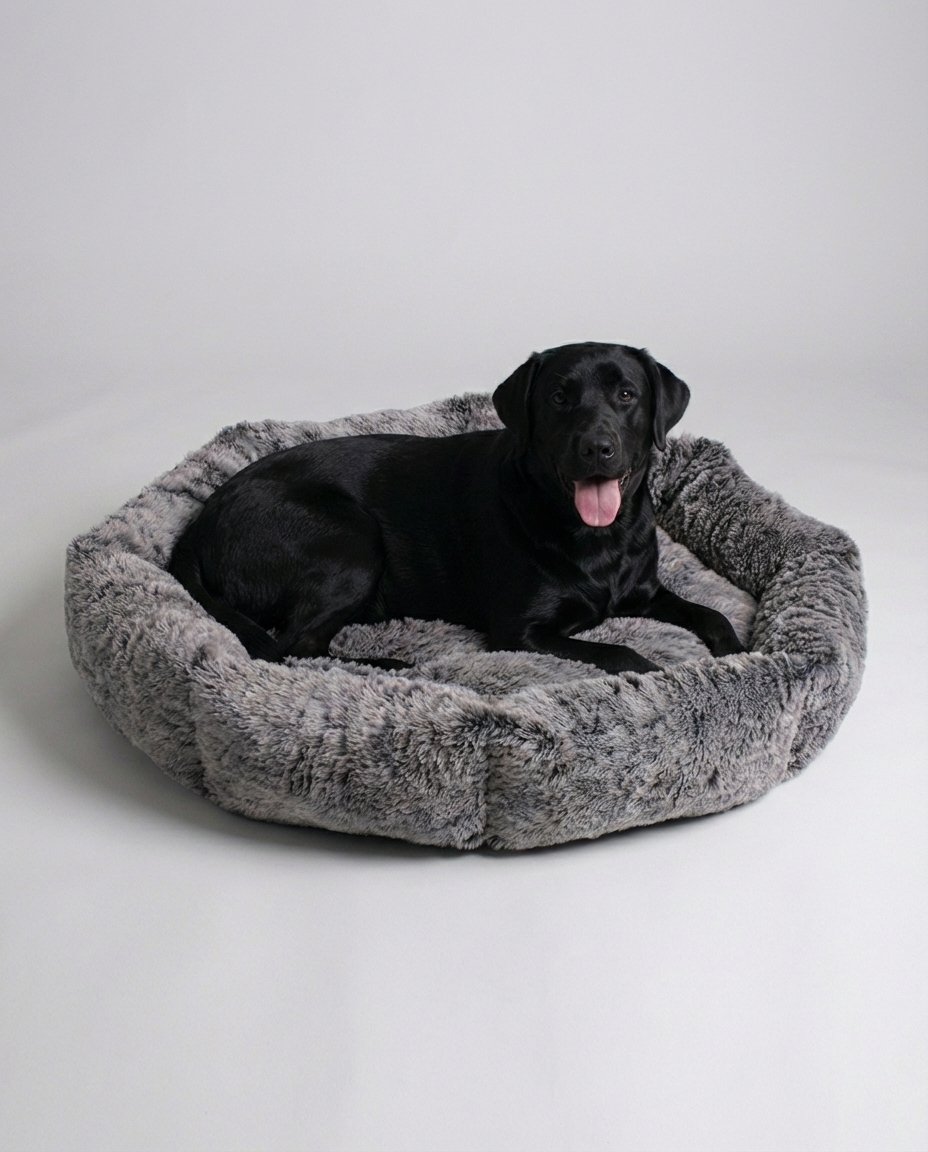 Large Dog sitting on Fur Bolster Dog Bed