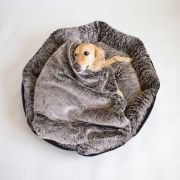 dog cozy inside blanket on fur bolster dog bed with hidden zipper pillow