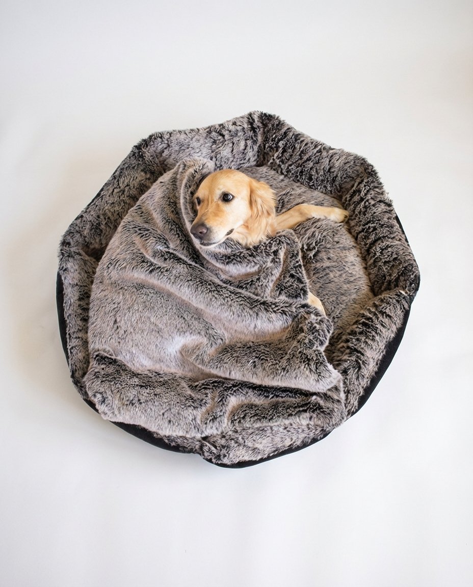dog cozy inside blanket on fur bolster dog bed with hidden zipper pillow
