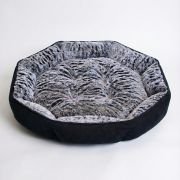 fur bolster dog bed in wolf grey faux fur with hexagonal design