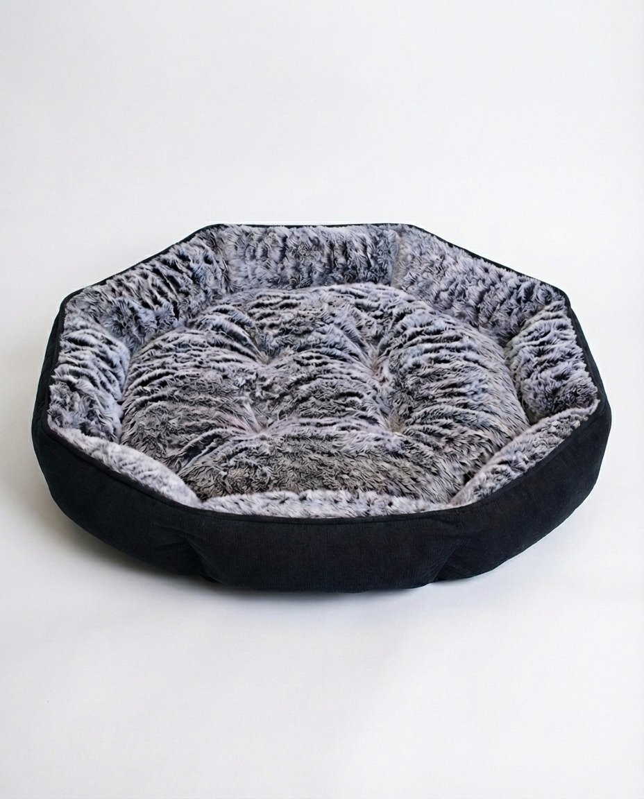 fur bolster dog bed in wolf grey faux fur with hexagonal design