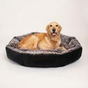 dog curled up in fur bolster dog bed with hidden zipper pillow