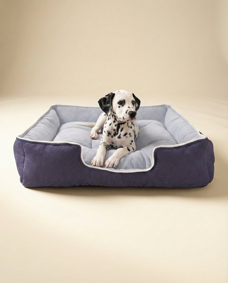 puppy resting in XS lounger dog bed with dual color design blue