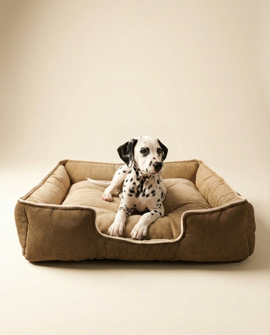 puppy resting in XS lounger dog bed with dual color design brown