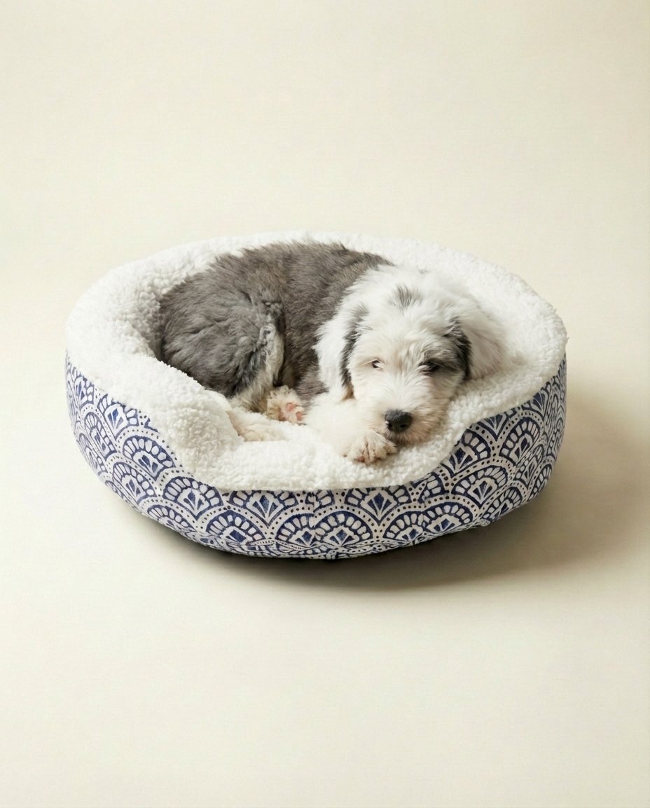 puppy resting in XS sherpa bolster dog bed with removable pillow