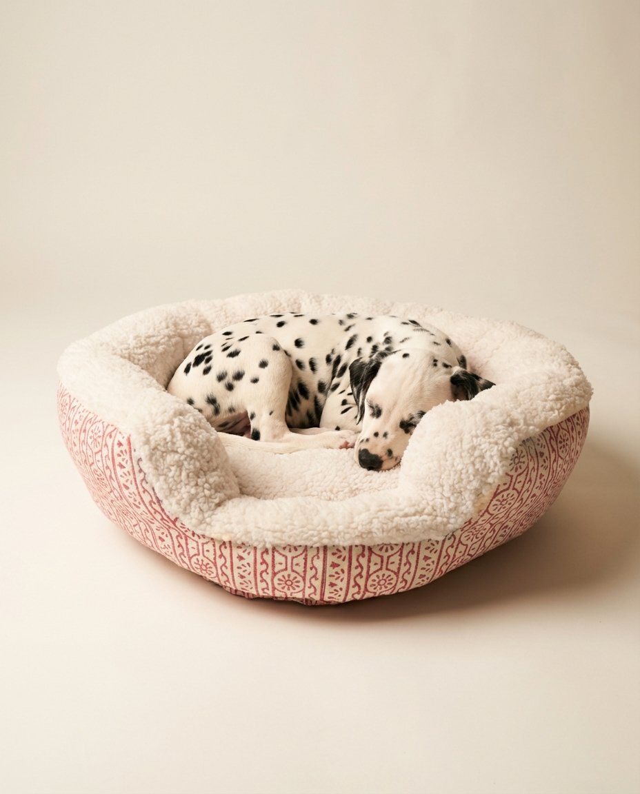 dog sleeping in spacious XL pink block print dog bed