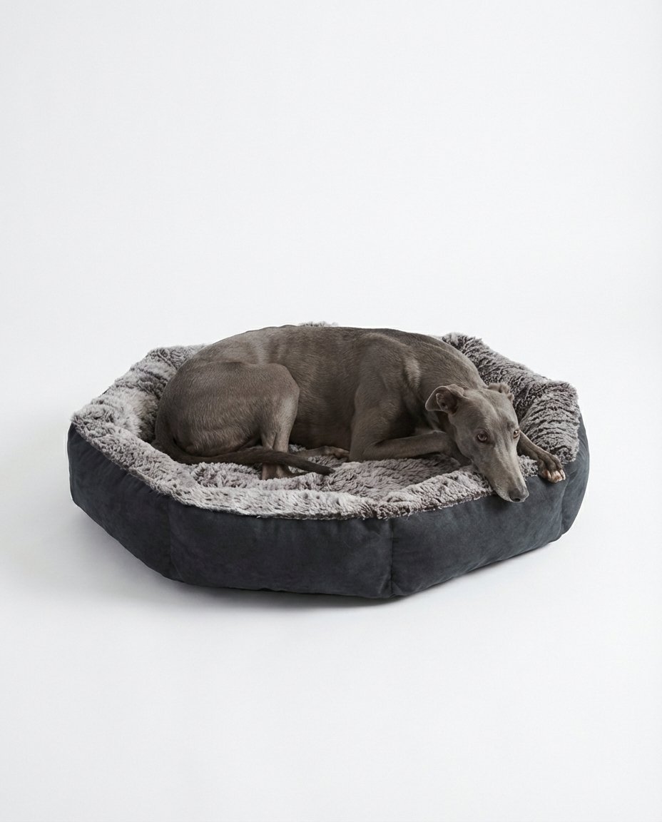greyhound lying on fur dog bed